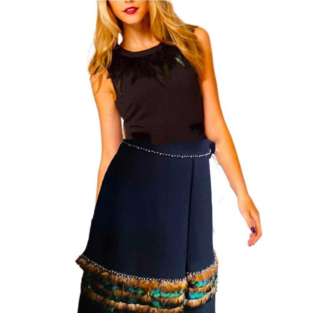 MIRI New York Retro Style Shimmering Teal Feathers Black Skirt Size 12 - 14